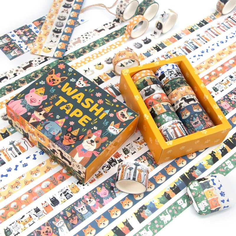 KOVANO Washi Tape Set 14 Rolls, Cute Animal Decorative Tape, Cats Puppies Pugs Designs Washi Tapes for Scrapbooking Supplies, Journaling Supplies, Crafts - Image 5